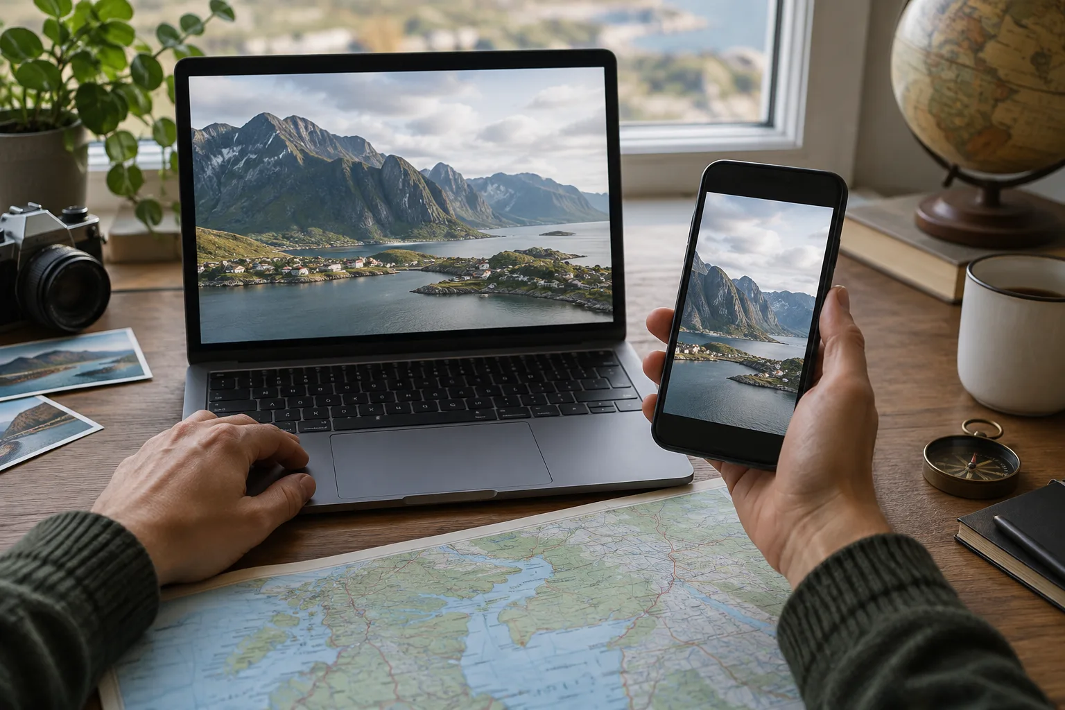 Une personne compare des images d’un paysage sur plusieurs appareils.