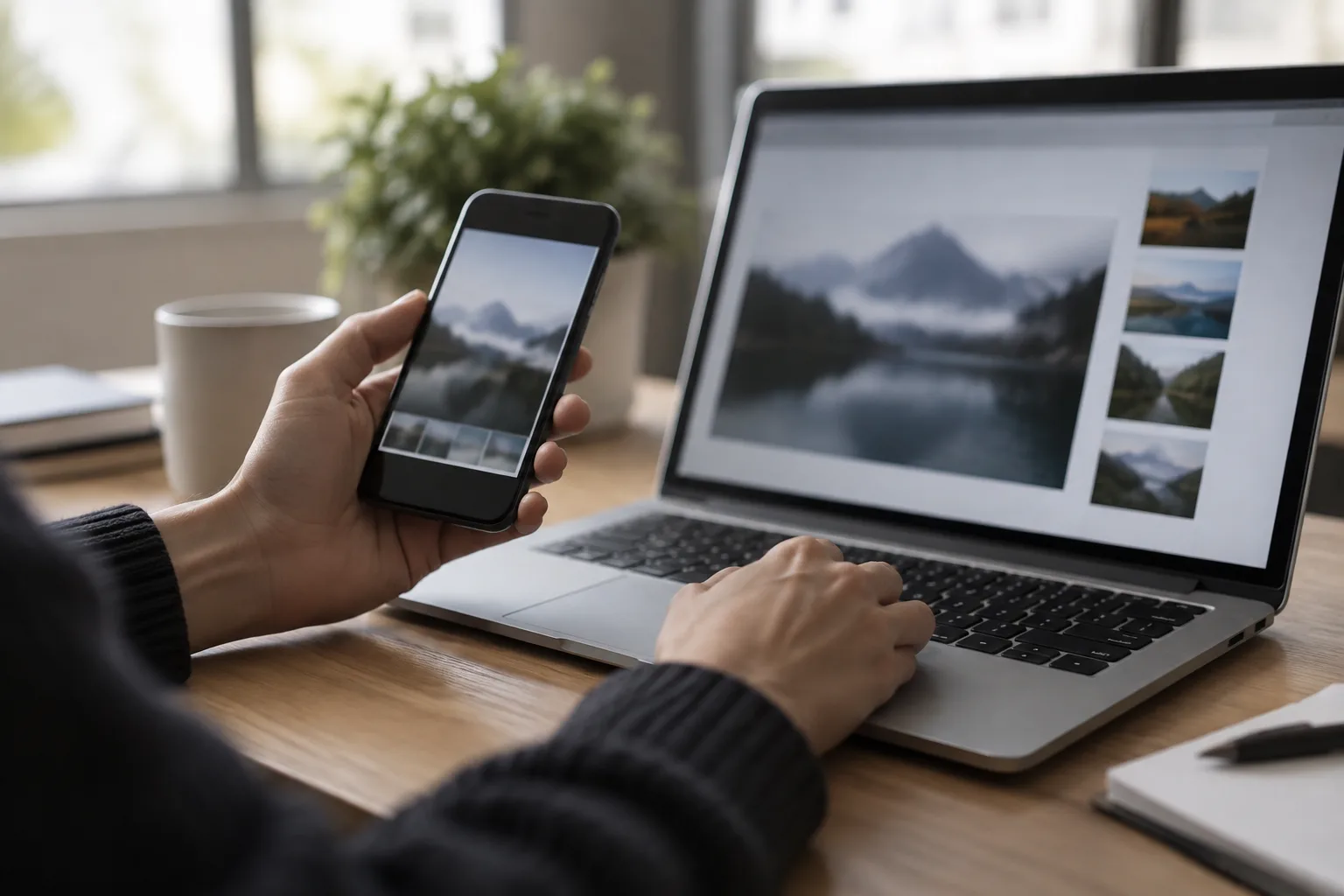 Des mains comparent une image sur un téléphone et un ordinateur.