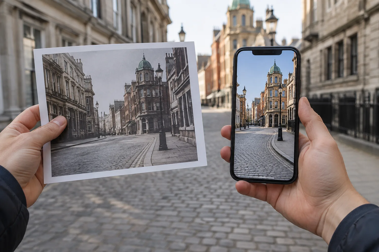 Des mains comparent une photographie de rue avec une image affichée sur un téléphone.