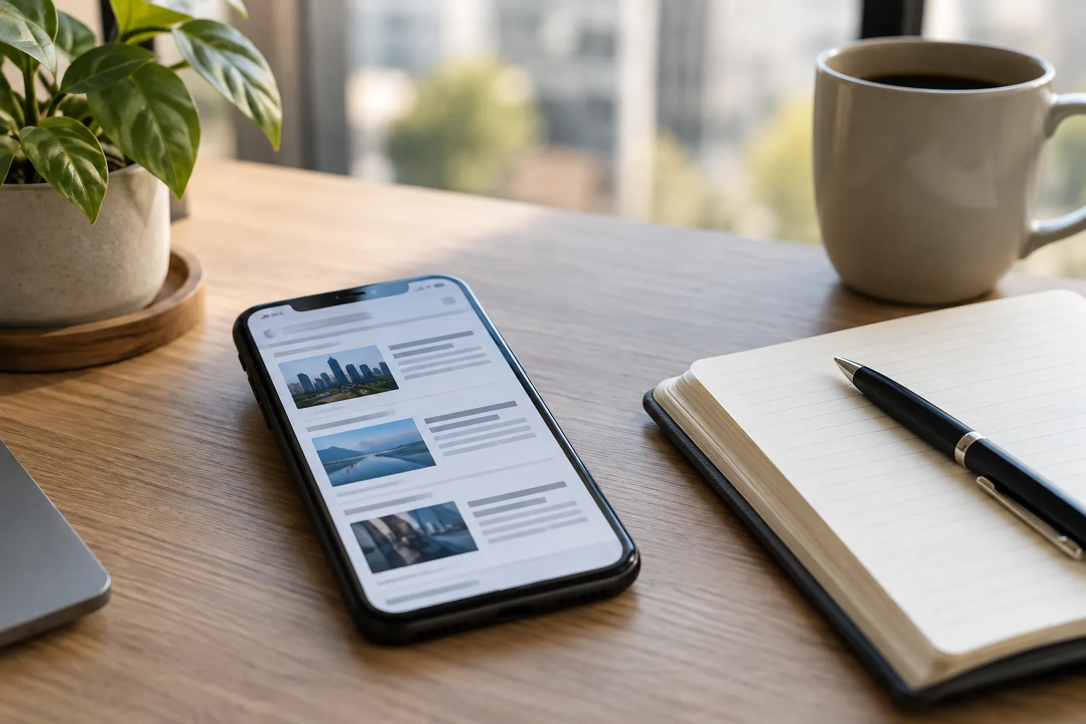 Un téléphone affichant un fil d’actualité générique posé près d’un carnet.