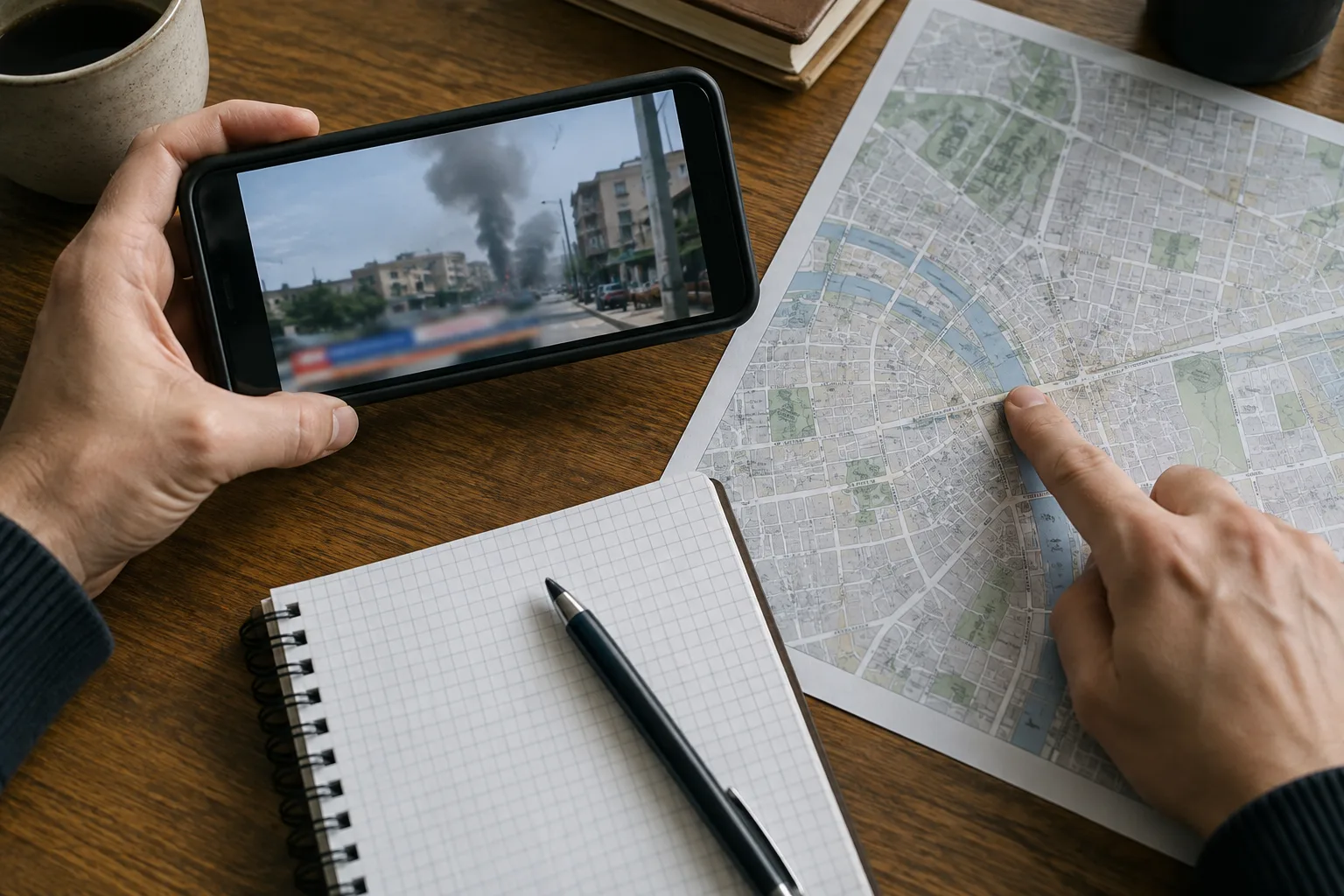 Un téléphone affichant une vidéo floue est posé près d’une carte et d’un carnet.