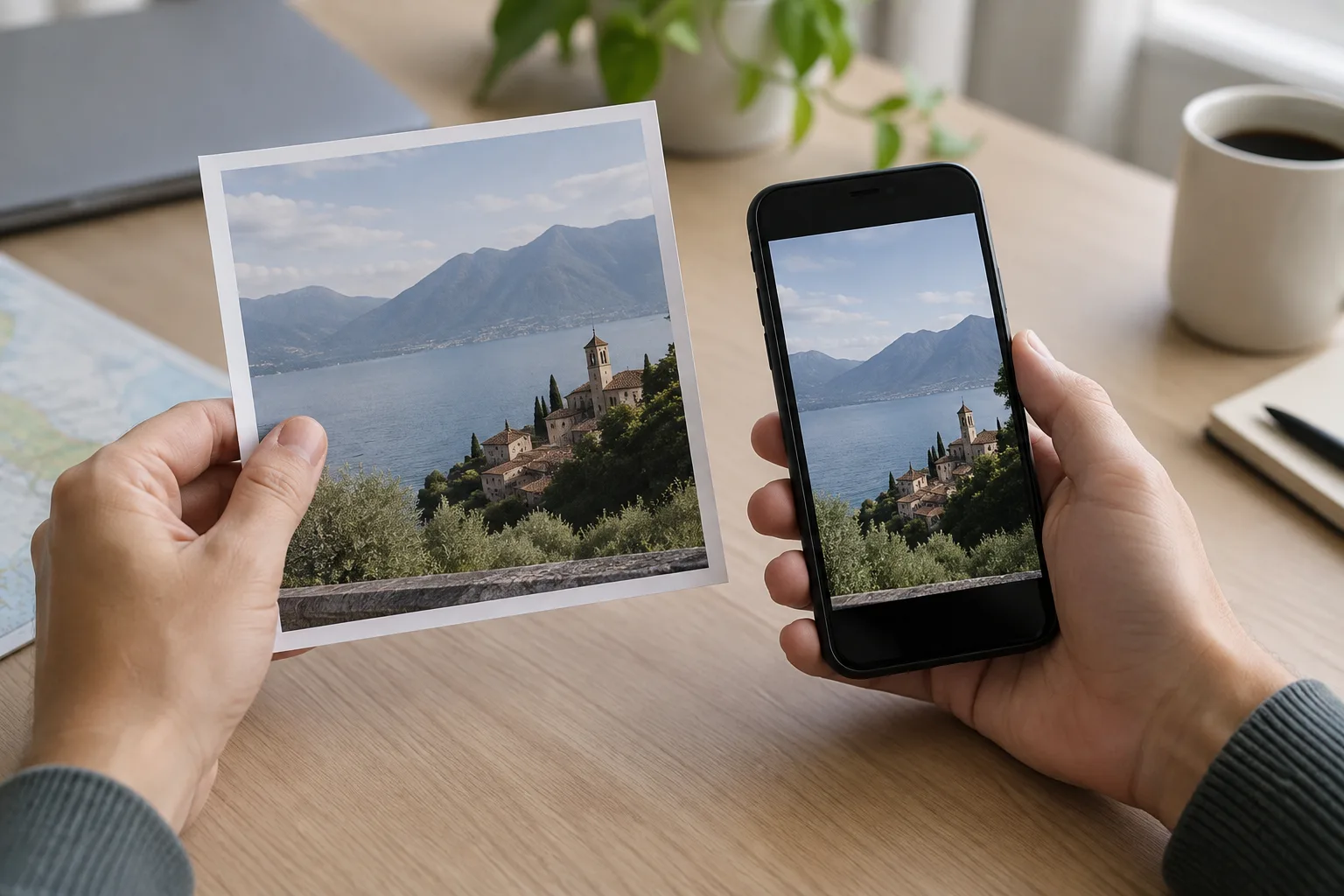 Des mains comparent une photographie imprimée à une image affichée sur un téléphone.