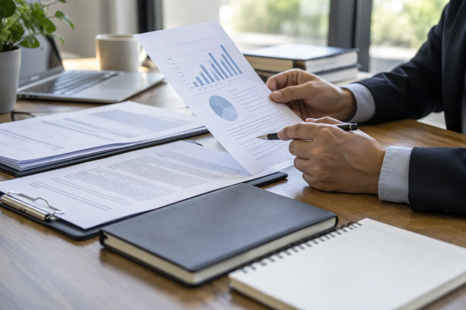 Des mains comparent un rapport imprimé et des documents sur un bureau.
