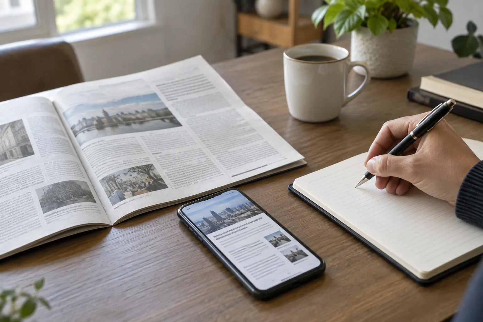 Un journal et un téléphone posés près d’un carnet de notes.