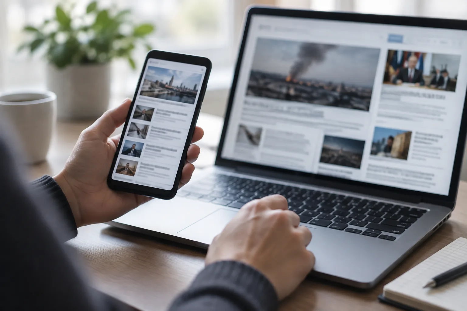 Un lecteur compare des pages d’actualité affichées sur un téléphone et un ordinateur.