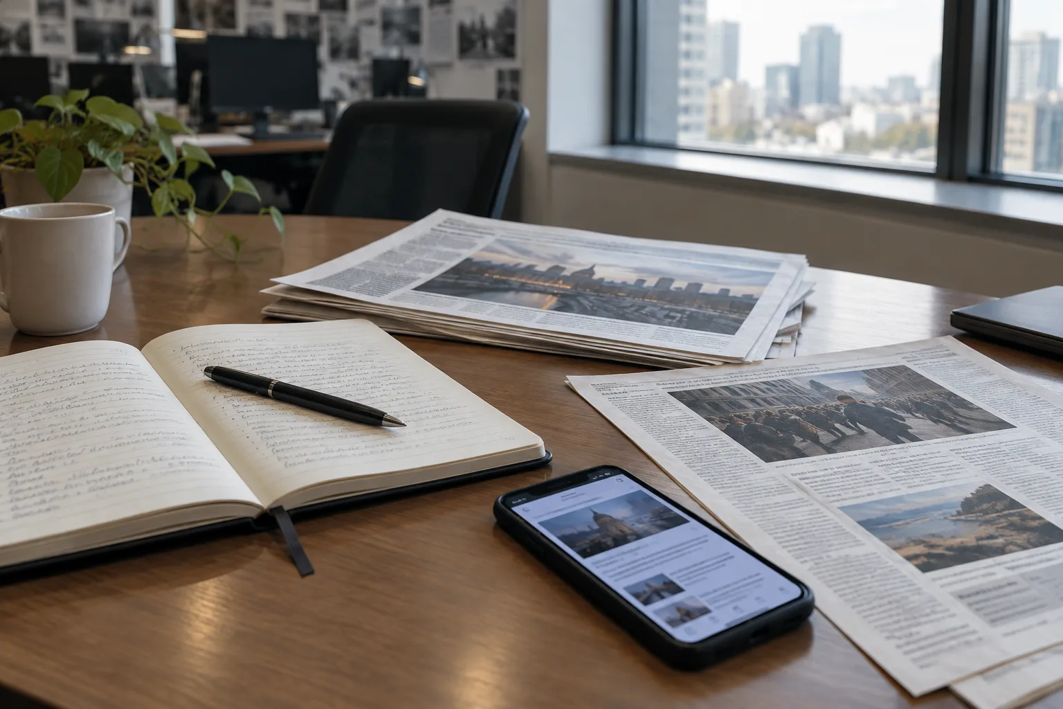 Un carnet et des journaux posés près d’un téléphone sur un bureau de rédaction.