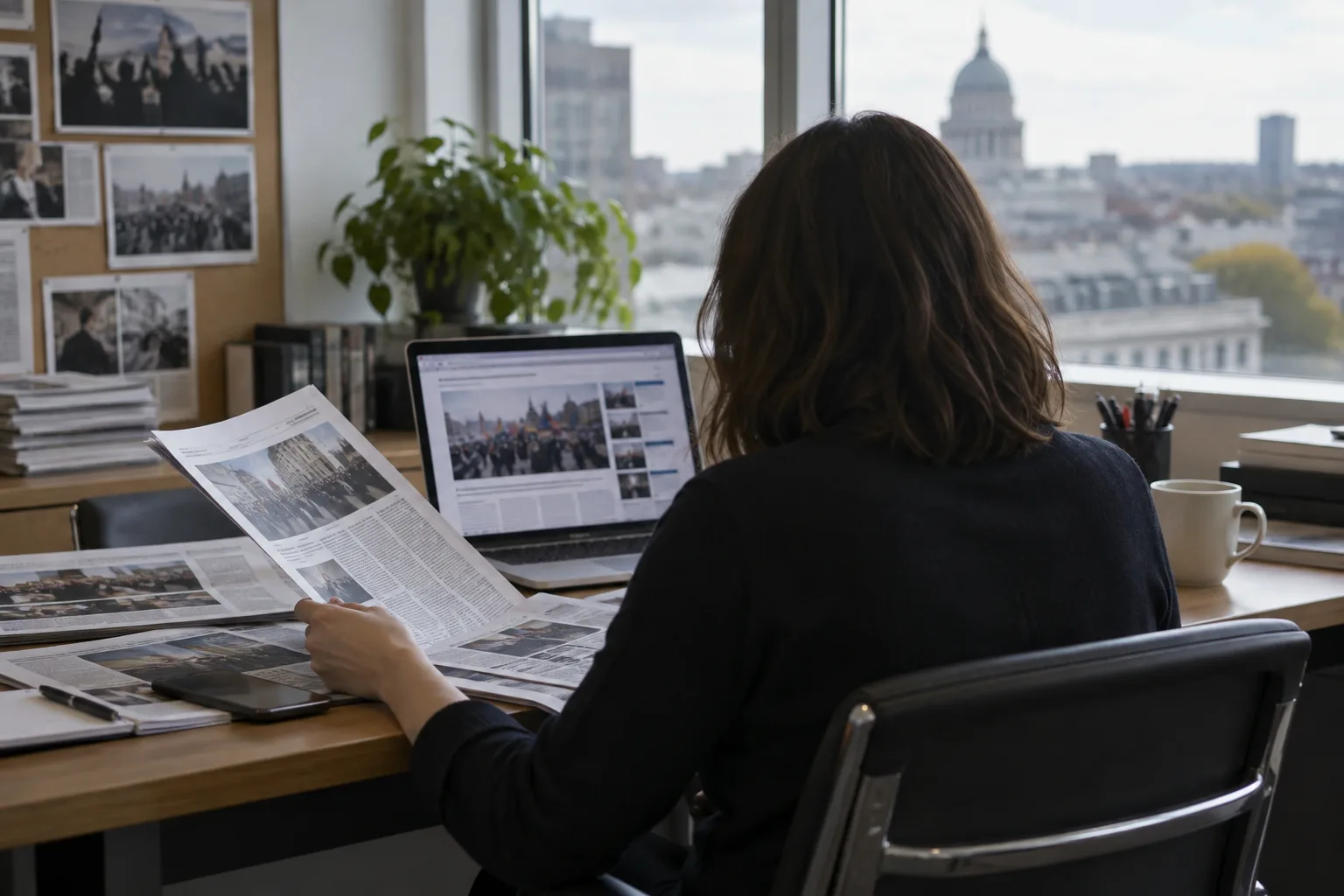 Une personne consulte des informations sur un ordinateur portable, à côté de pages imprimées.