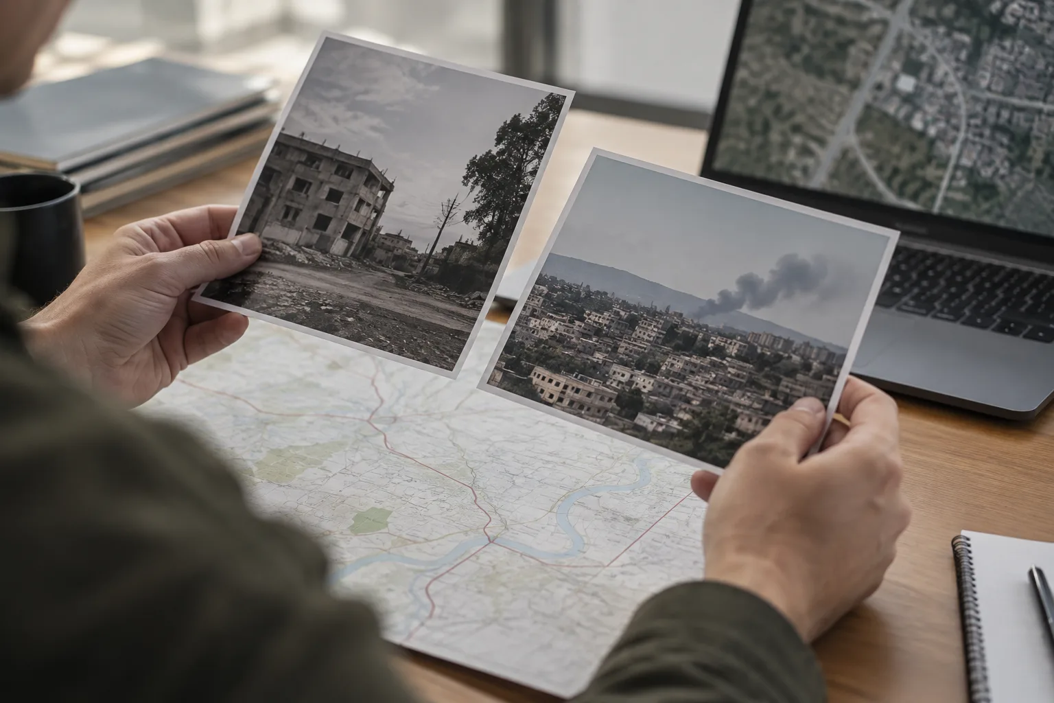 Des mains comparent des photographies près d’un ordinateur et d’une carte.