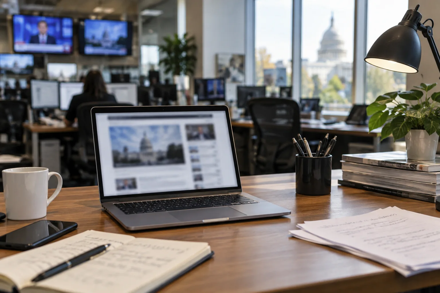 Un bureau de rédaction avec un ordinateur, des notes et un carnet.