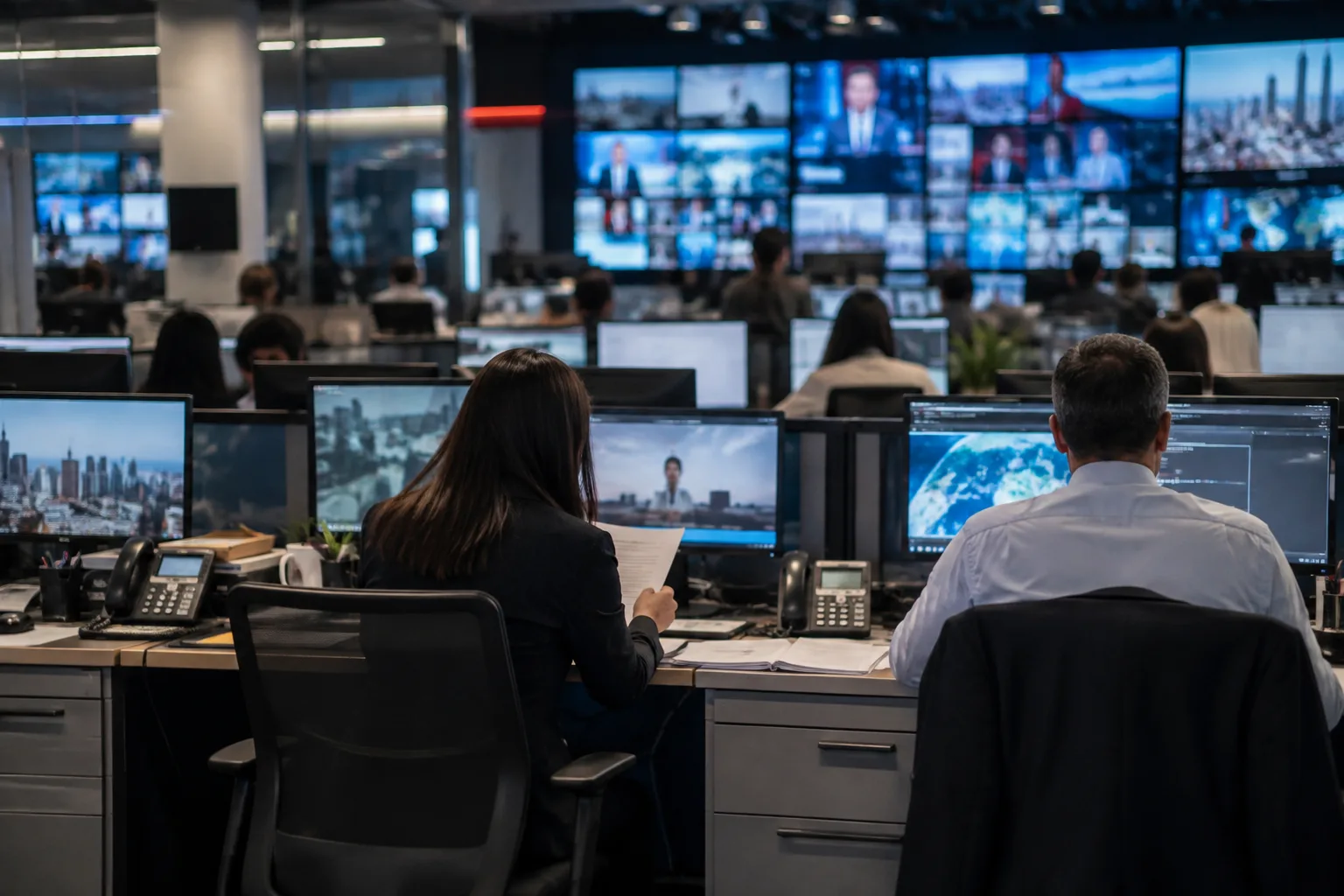 Un espace de rédaction où des journalistes suivent l’évolution de l’actualité.