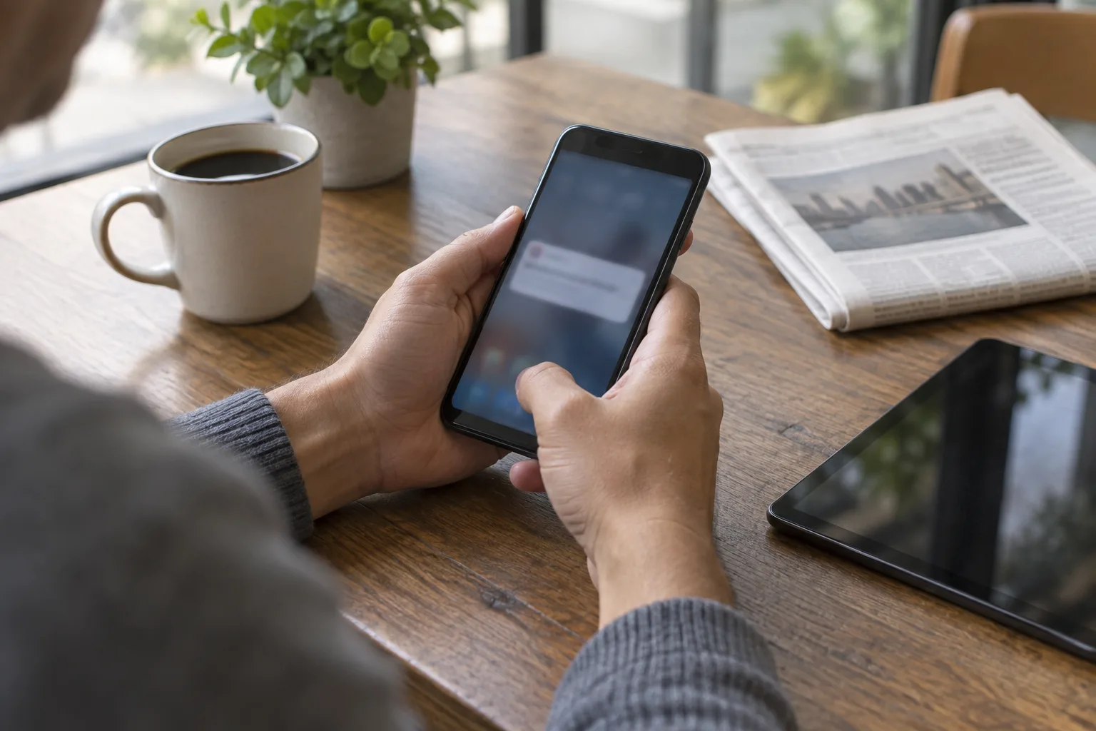 Des mains consultent une notification sur un téléphone posé près d’un journal.