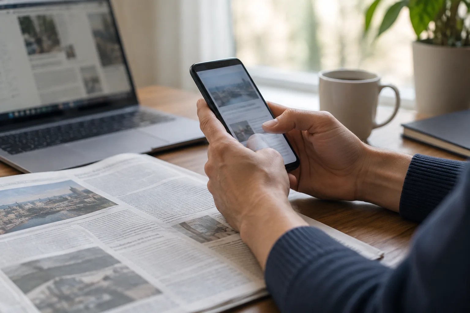 Une personne consulte son téléphone près d’un journal et d’un ordinateur.