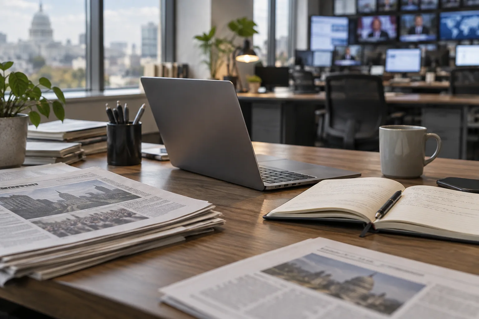Un ordinateur portable et un carnet posés sur un bureau de rédaction.