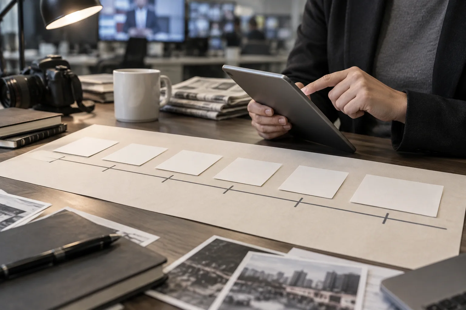 Des cartes vierges disposées dans l’ordre sur un bureau, près d’une tablette.