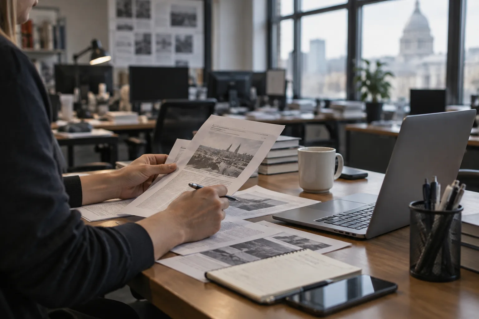 Des notes et un ordinateur ouverts sur un bureau de rédaction.