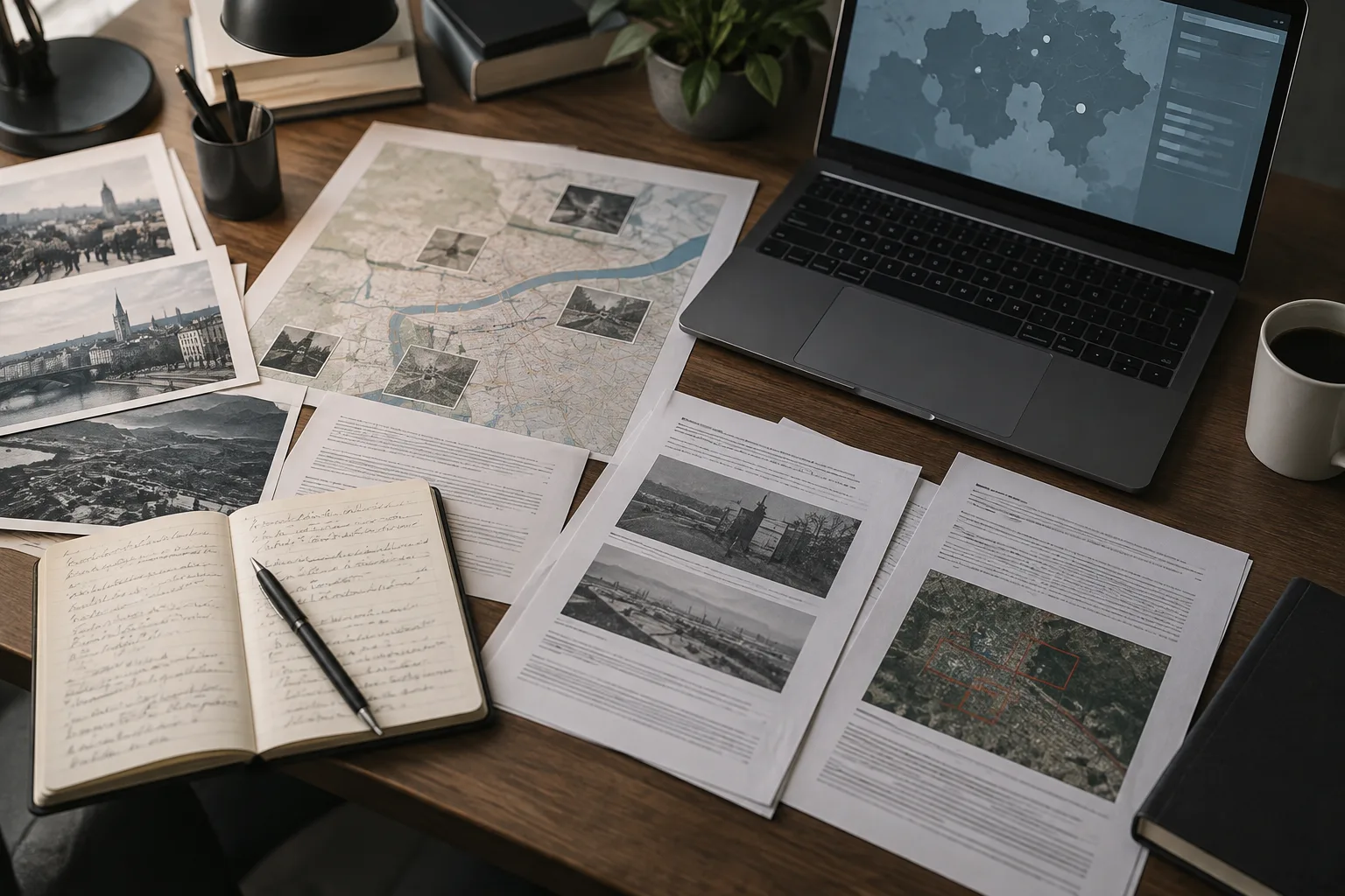 Des documents et des notes sont disposés près d’un ordinateur pour comparer des informations.