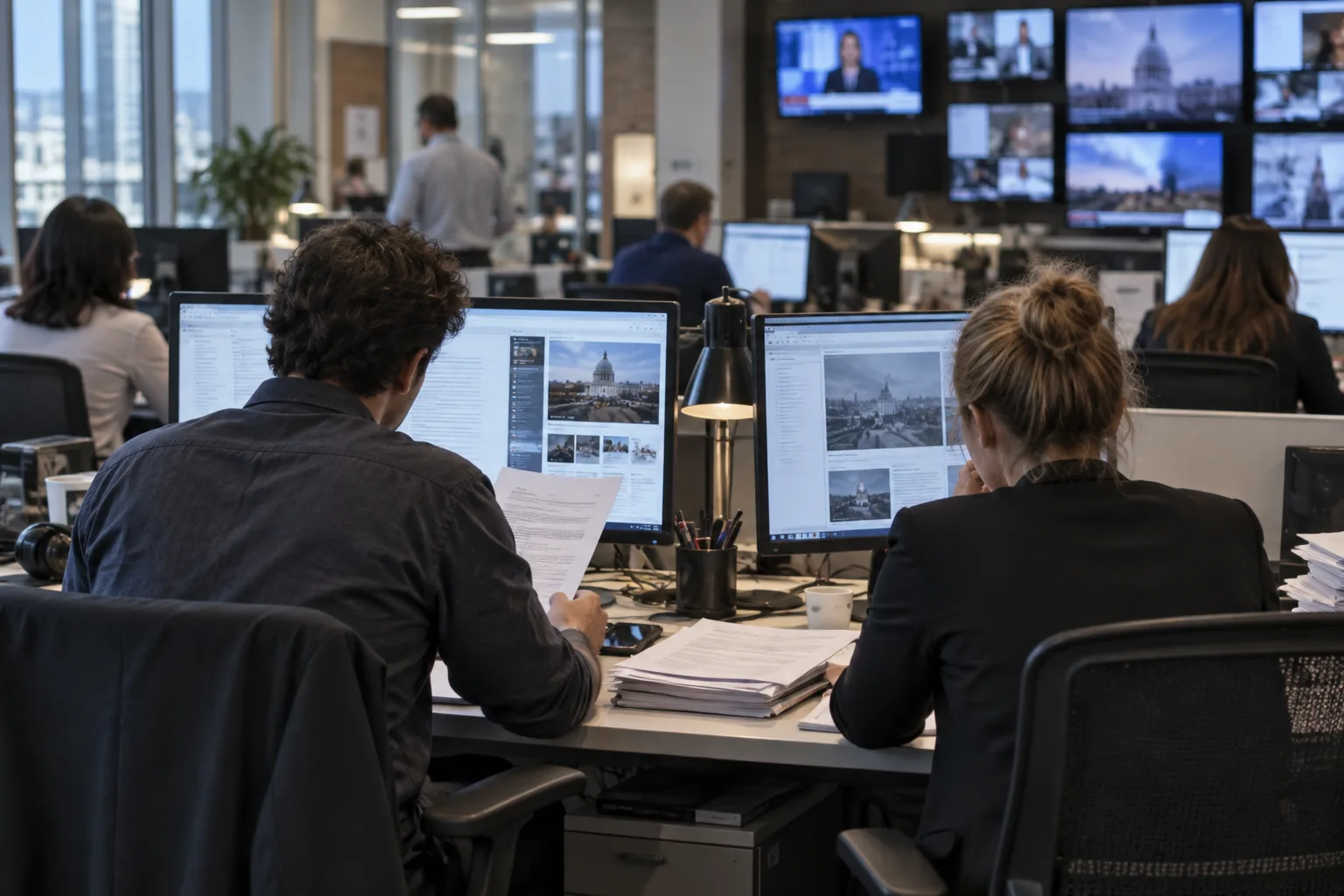 Des journalistes consultent des documents et des écrans dans une rédaction.