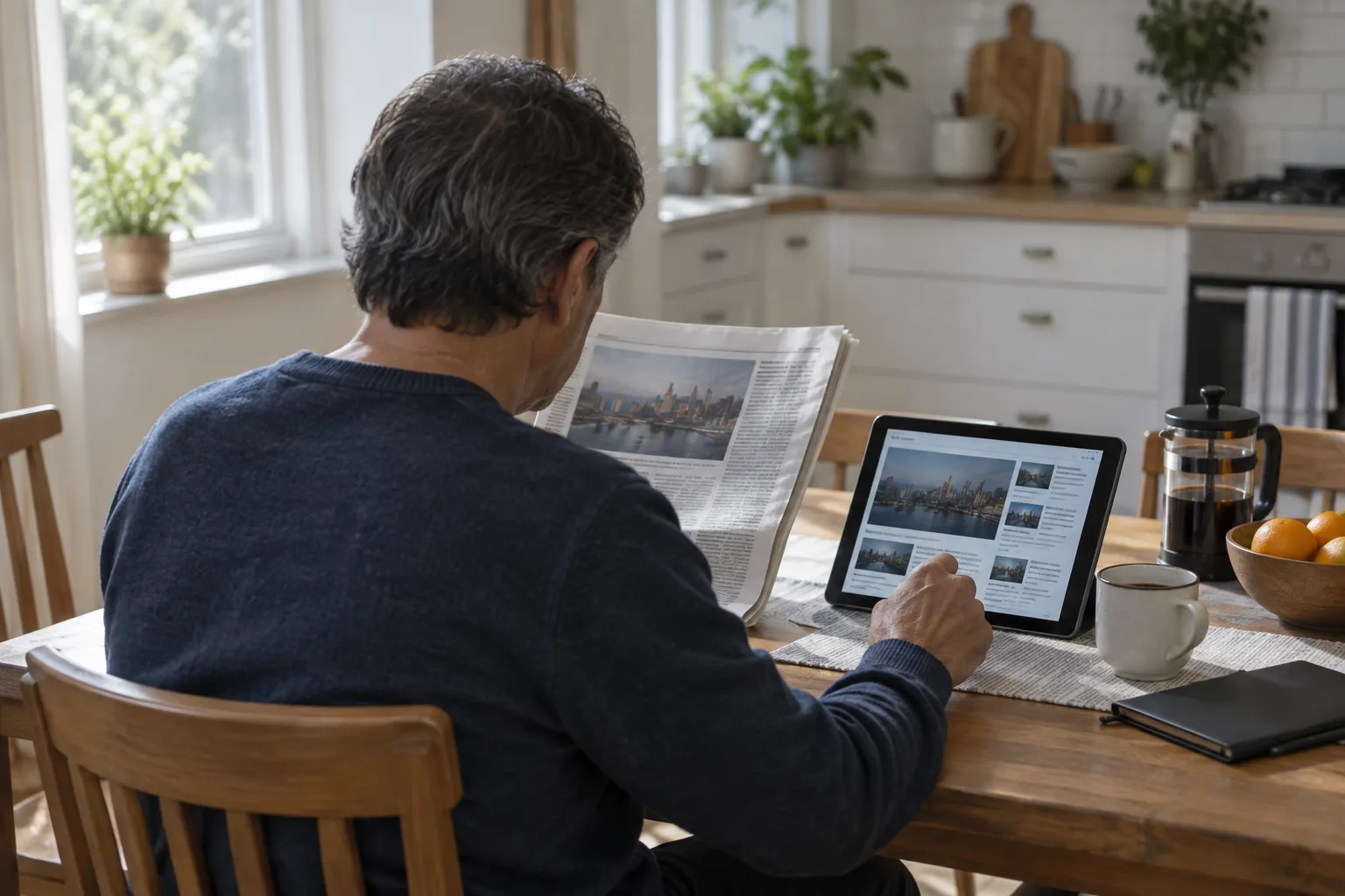 Une personne consulte un journal et une actualité en ligne sur une tablette.
