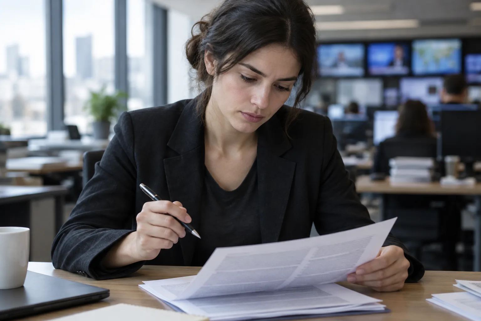 Une journaliste relit un article imprimé à son bureau, un stylo à la main.
