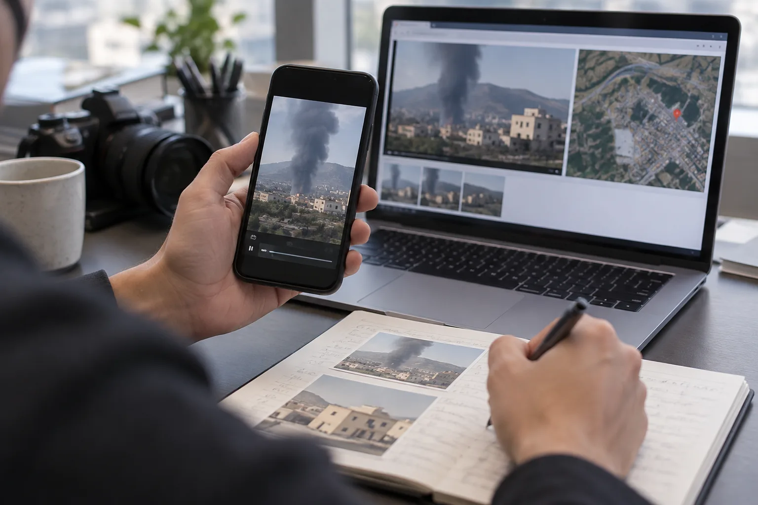 Des mains comparent une vidéo sur un téléphone avec un ordinateur portable et des notes.