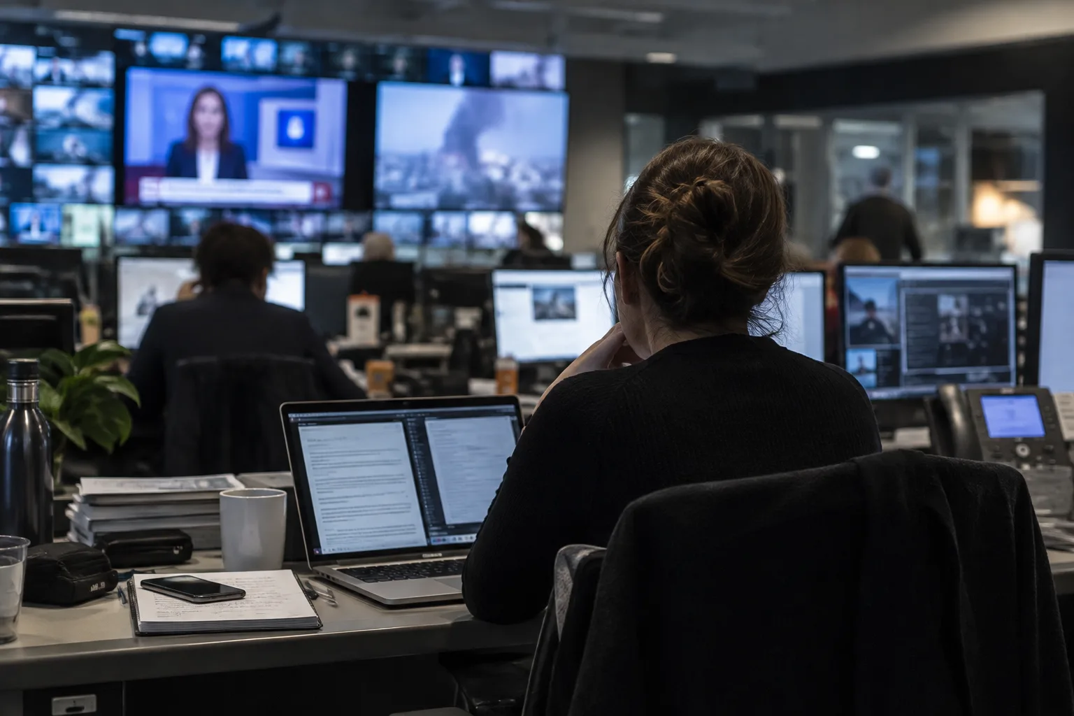 Un bureau de rédaction avec un ordinateur, un téléphone et des notes utilisés pour suivre une actualité.