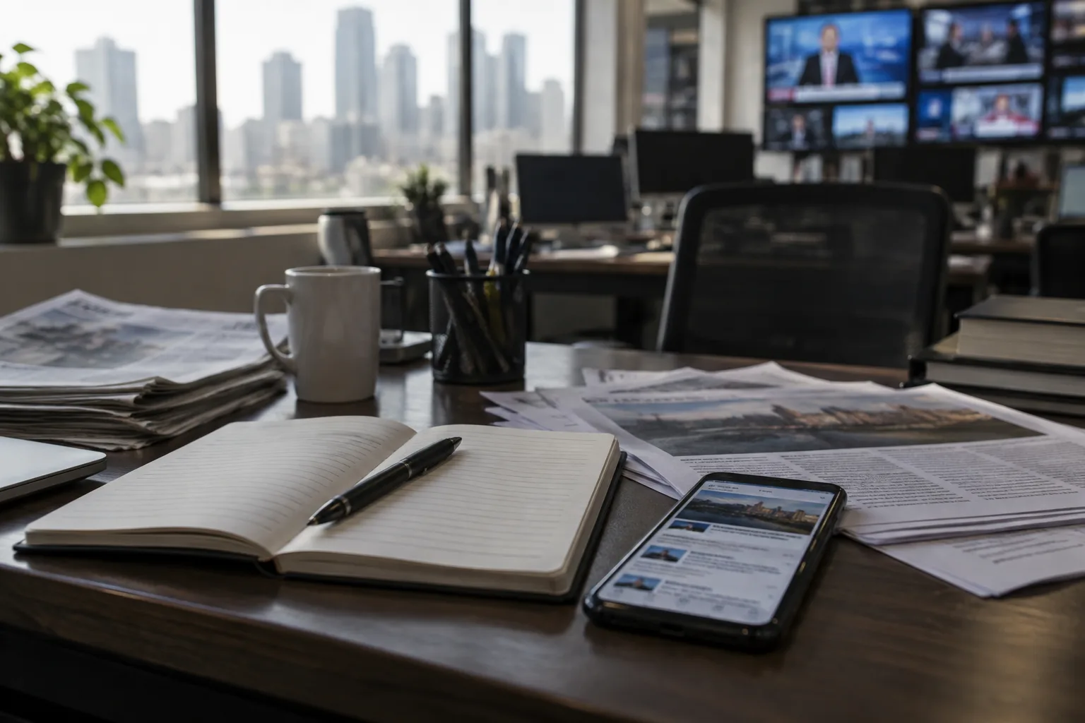 Un téléphone et un carnet posés sur un bureau évoquent la vérification d’informations.