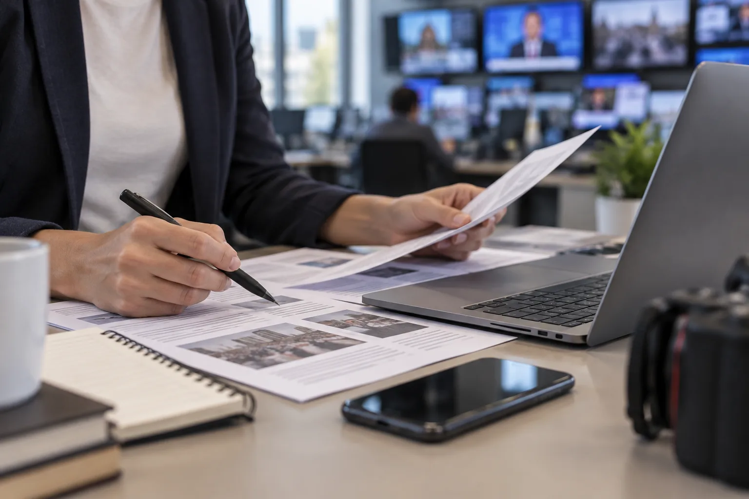 Des mains comparent des notes et des appareils sur un bureau de rédaction.