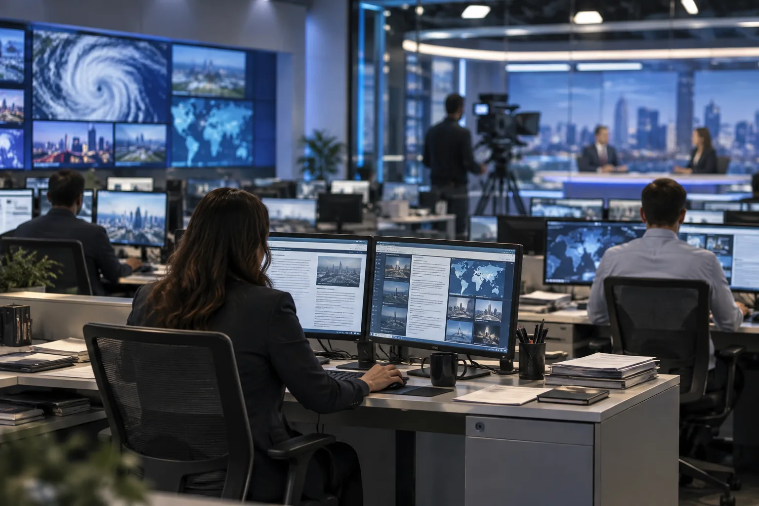 Un espace de rédaction avec des bureaux et des écrans, sans personne identifiable.