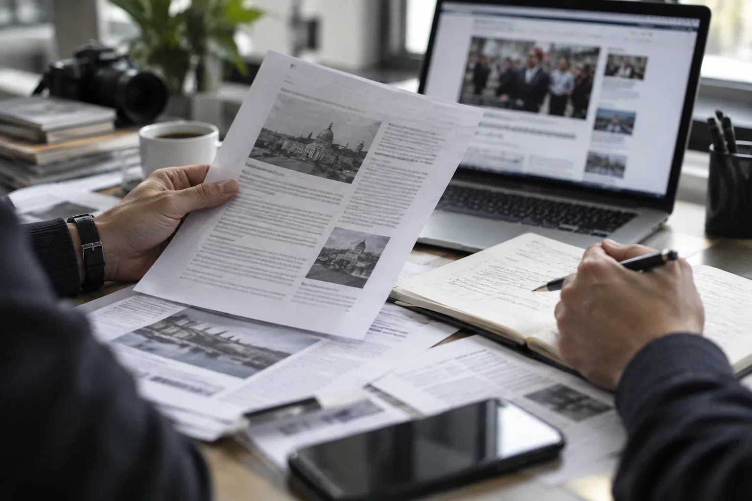 Des documents et des notes sont comparés à côté d’un ordinateur dans une rédaction.