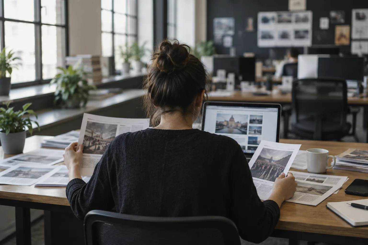 Des documents d’actualité et un ordinateur consultés sur un bureau.