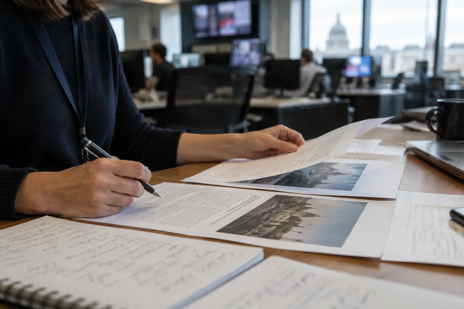 Des documents et des notes consultés côte à côte sur un bureau.