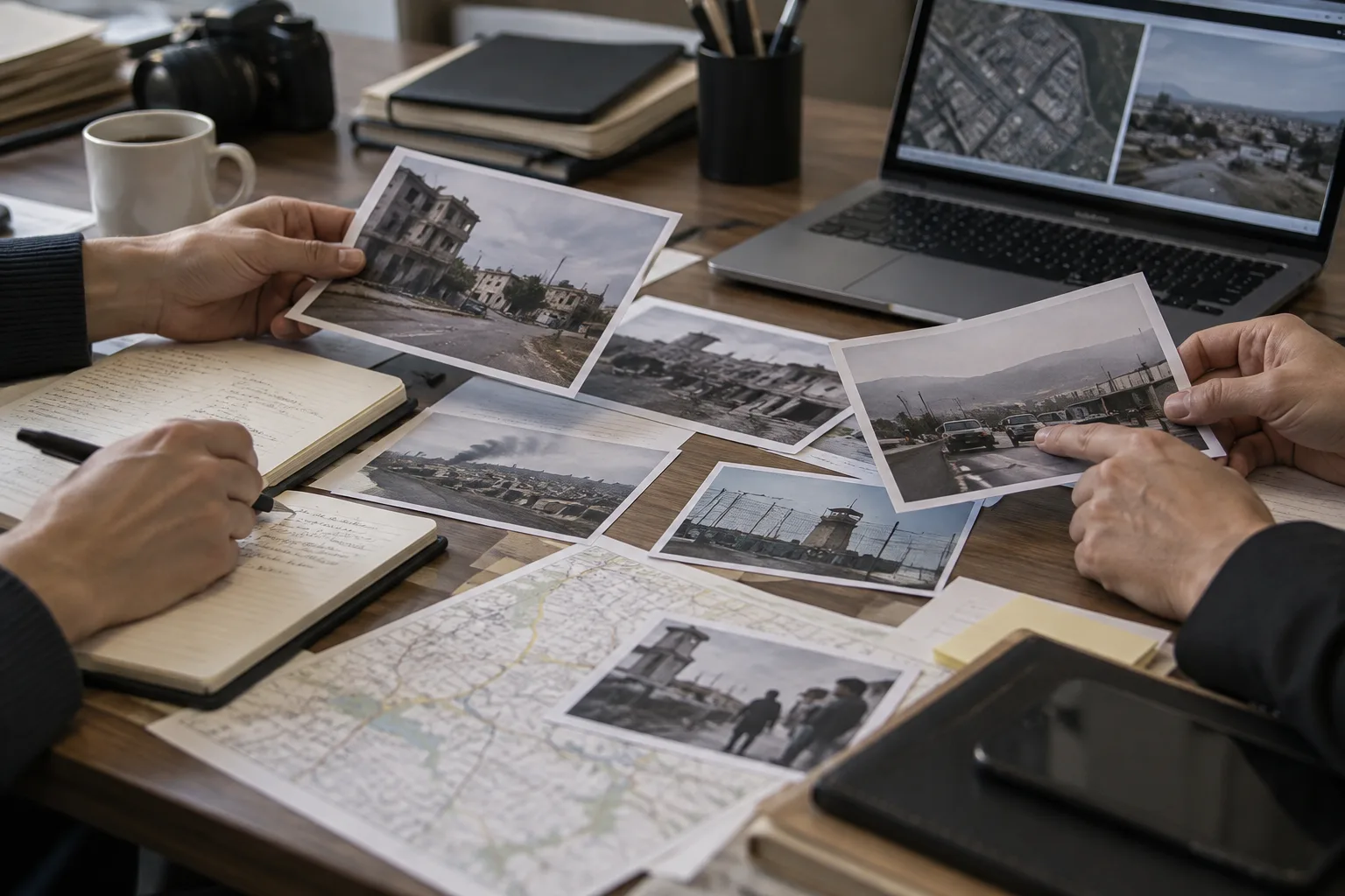 Des documents et des images sont comparés sur un bureau afin de vérifier plusieurs informations.