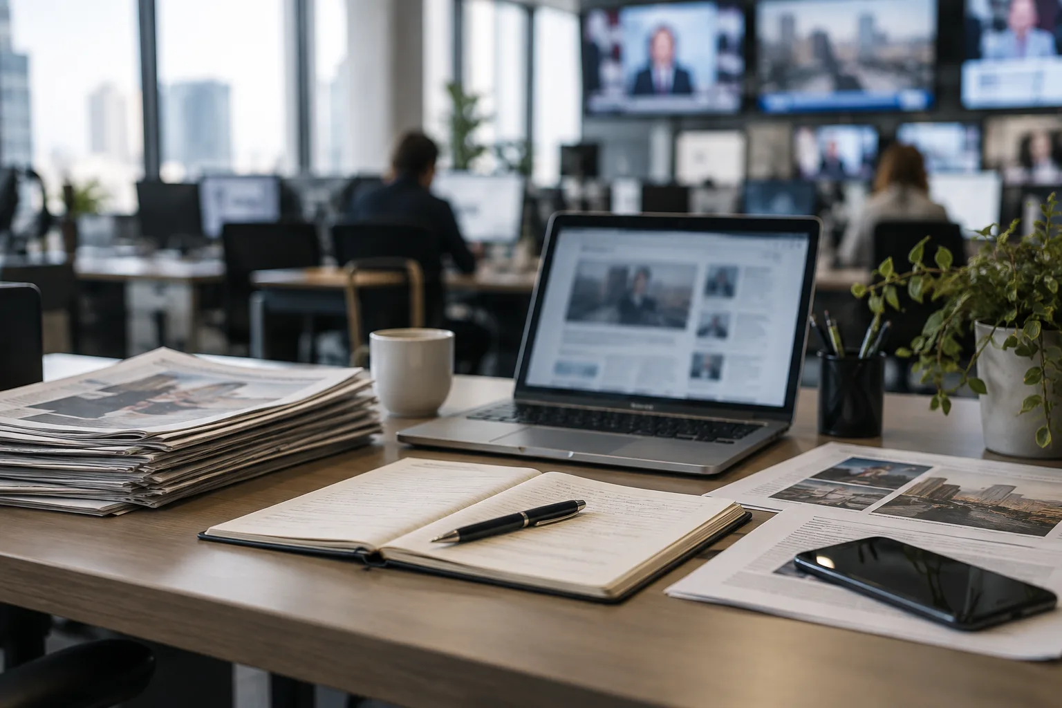 Des documents et un ordinateur sont réunis sur un bureau de rédaction pour comparer des informations.