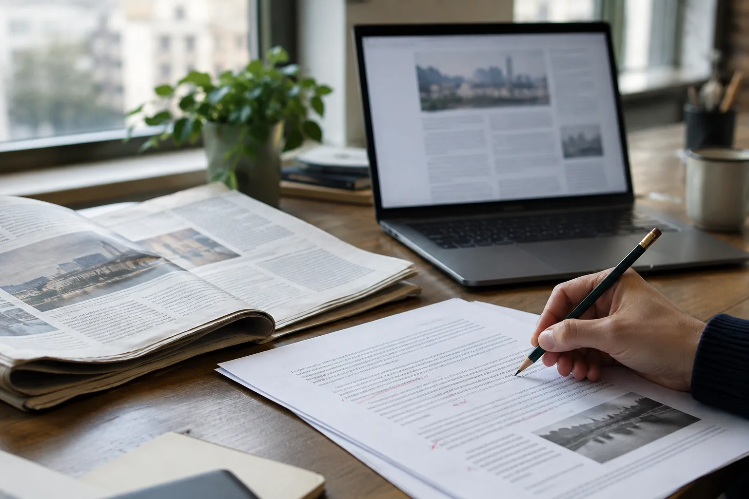 Une main annote une épreuve de journal posée près d’un ordinateur.