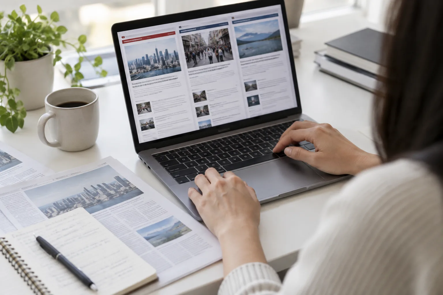 Des mains comparent des sources d’information sur un ordinateur, avec des documents et un carnet sur le bureau.