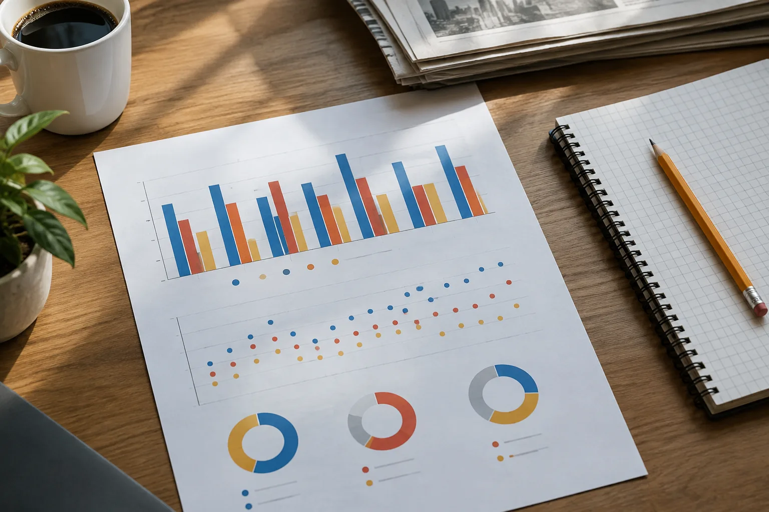 Graphique de sondage imprimé posé sur un bureau avec un carnet et un crayon.