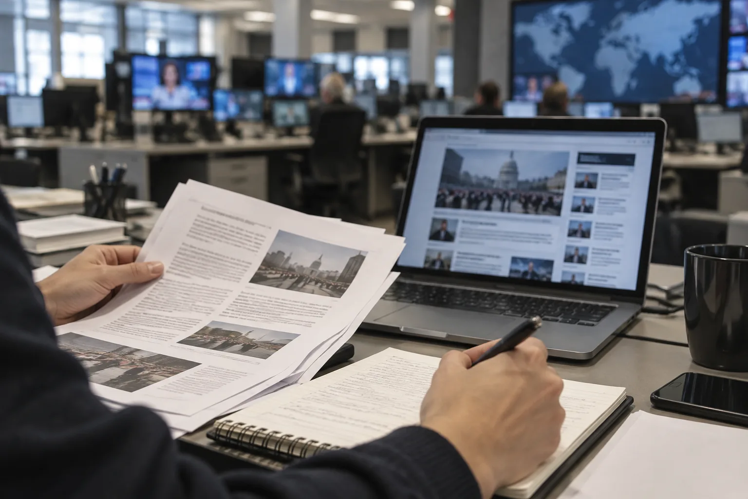Des mains comparent des notes et des informations sur un ordinateur dans une salle de rédaction.