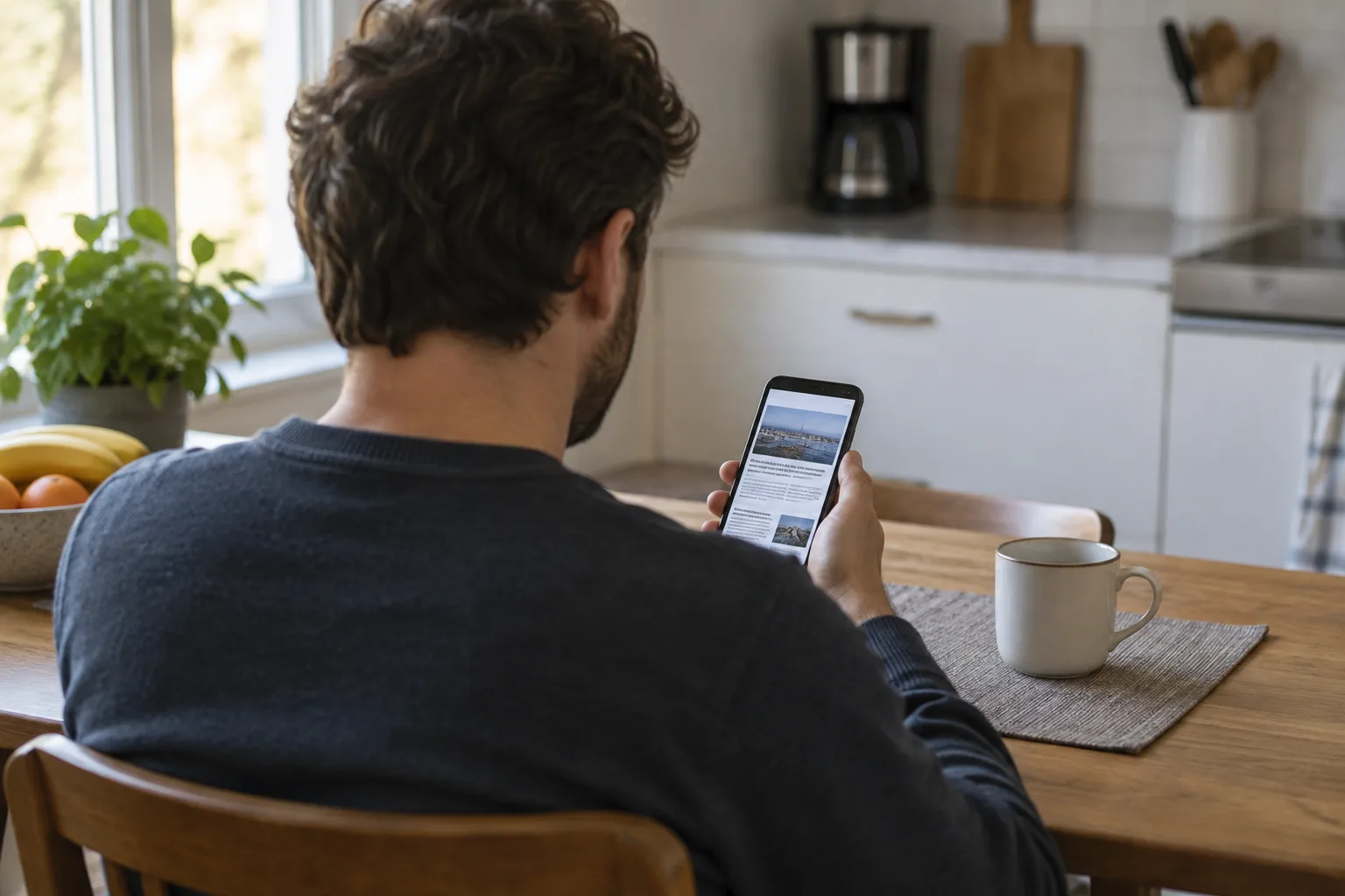 Une personne consulte une information sur son téléphone, assise à une table.