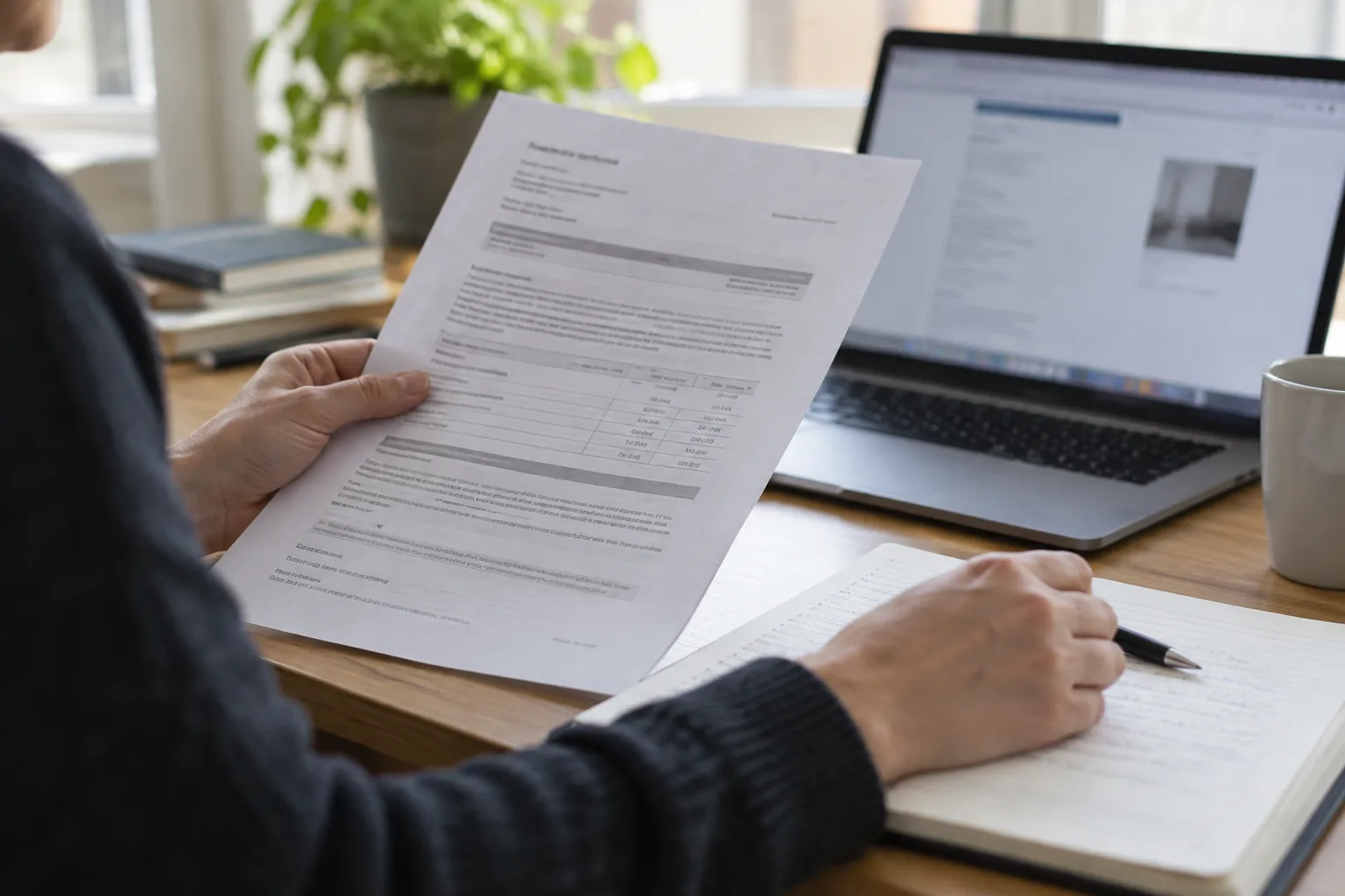 Des mains comparent un document imprimé et des notes près d’un ordinateur.