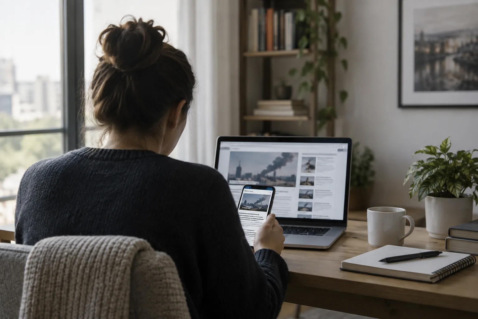 Une personne consulte des informations sur un téléphone et un ordinateur, depuis un bureau.