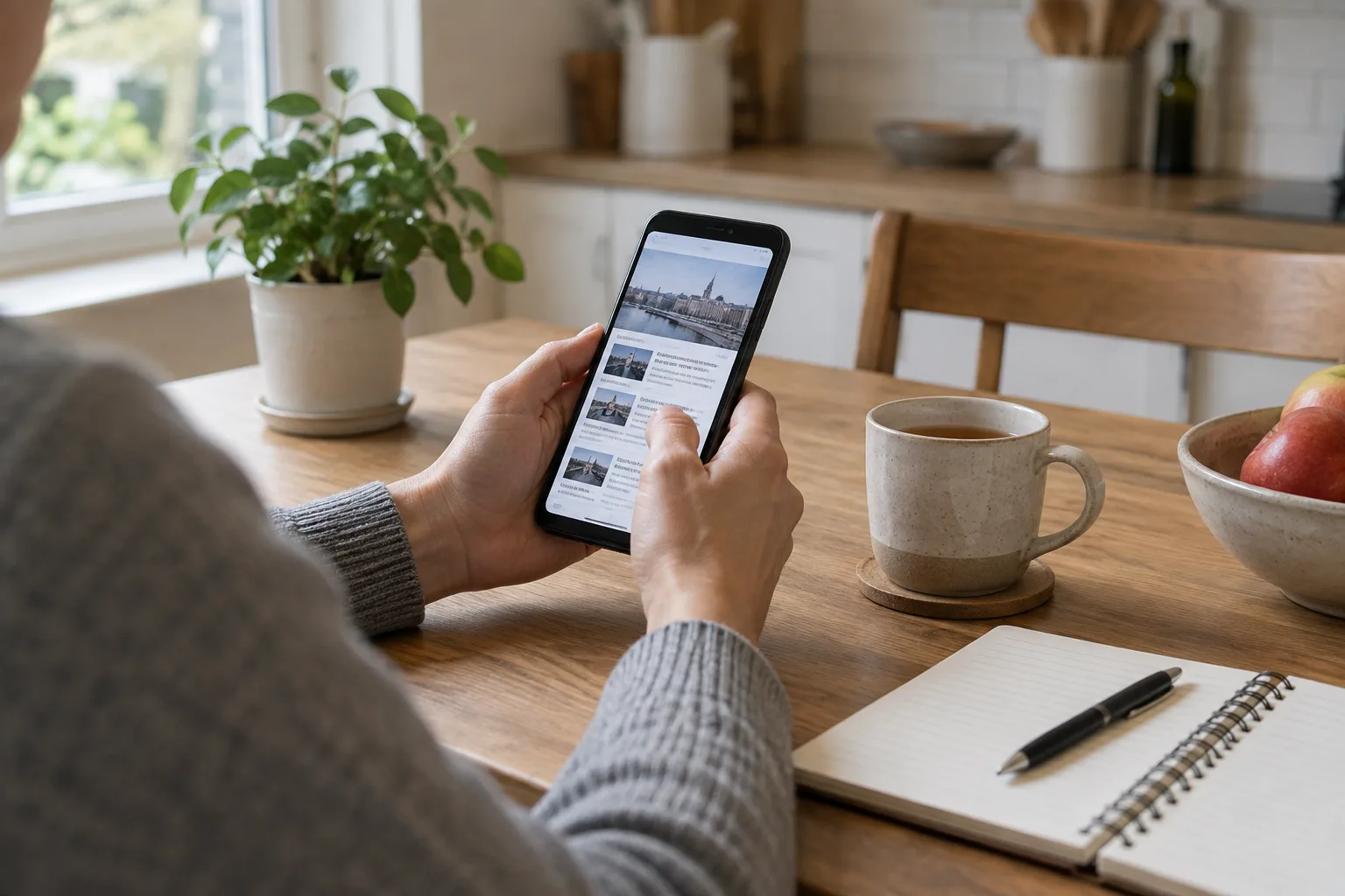 Une personne consulte son téléphone à côté d’un carnet posé sur une table.
