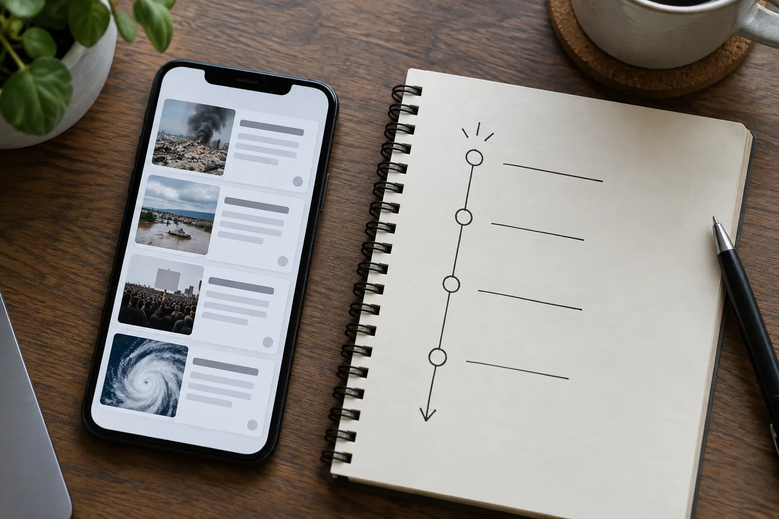Un téléphone posé près d’un carnet où figure une chronologie schématique.