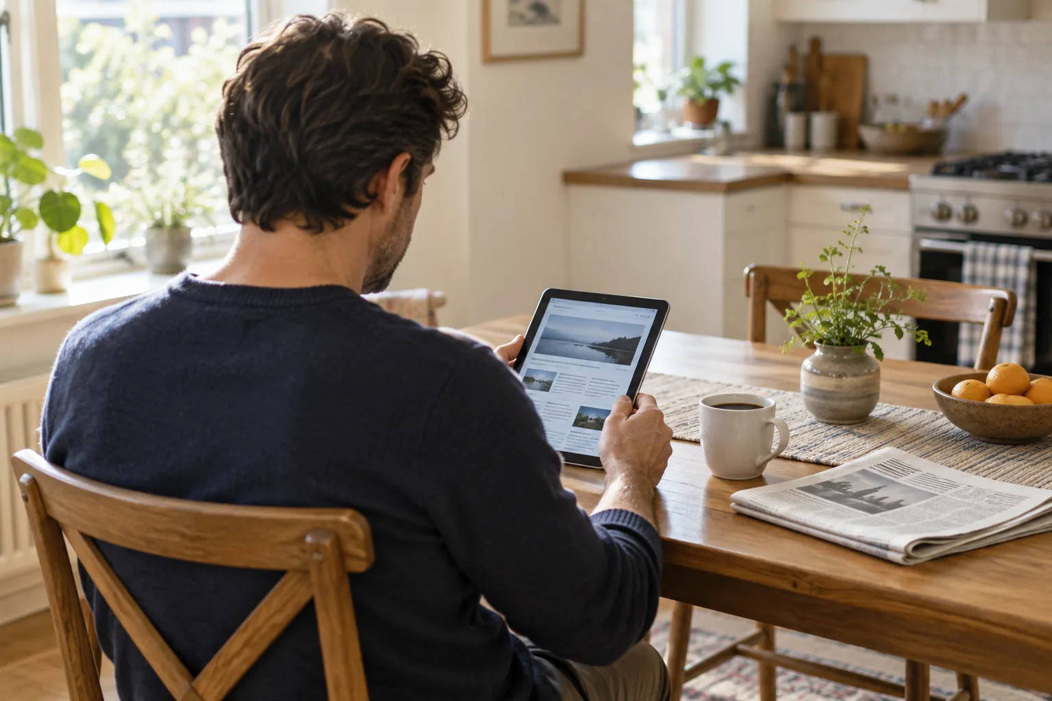 Une personne consulte l’actualité sur une tablette posée près d’un journal.